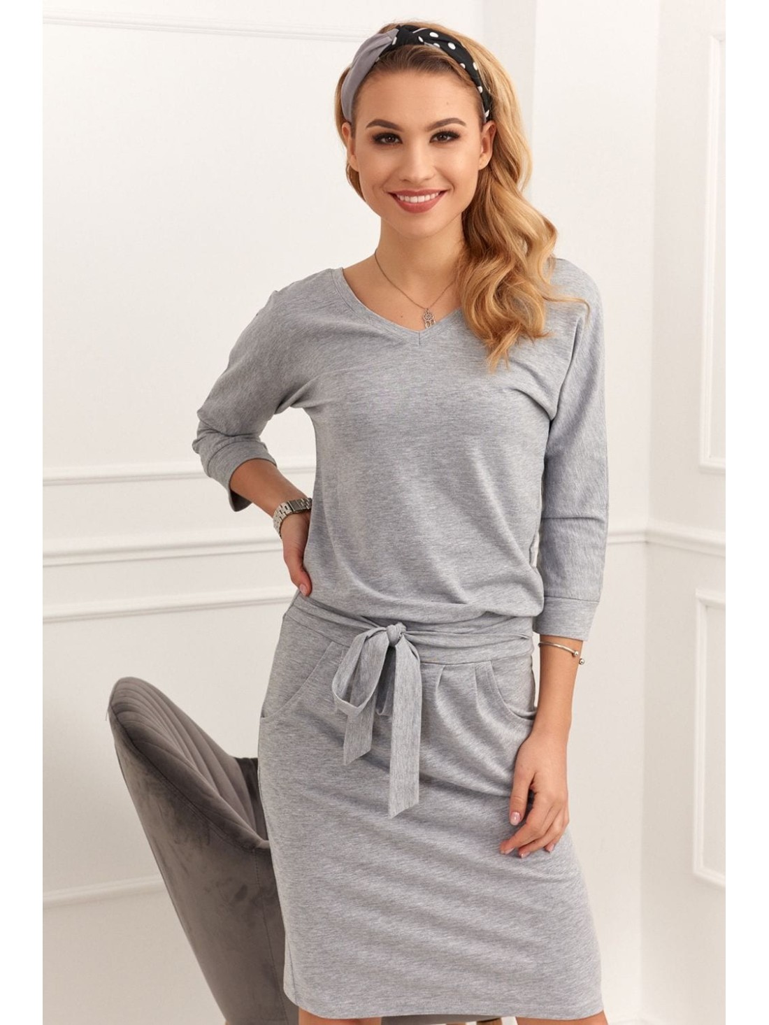 Light gray tie-waist dress 9729 - Online store - Boutique